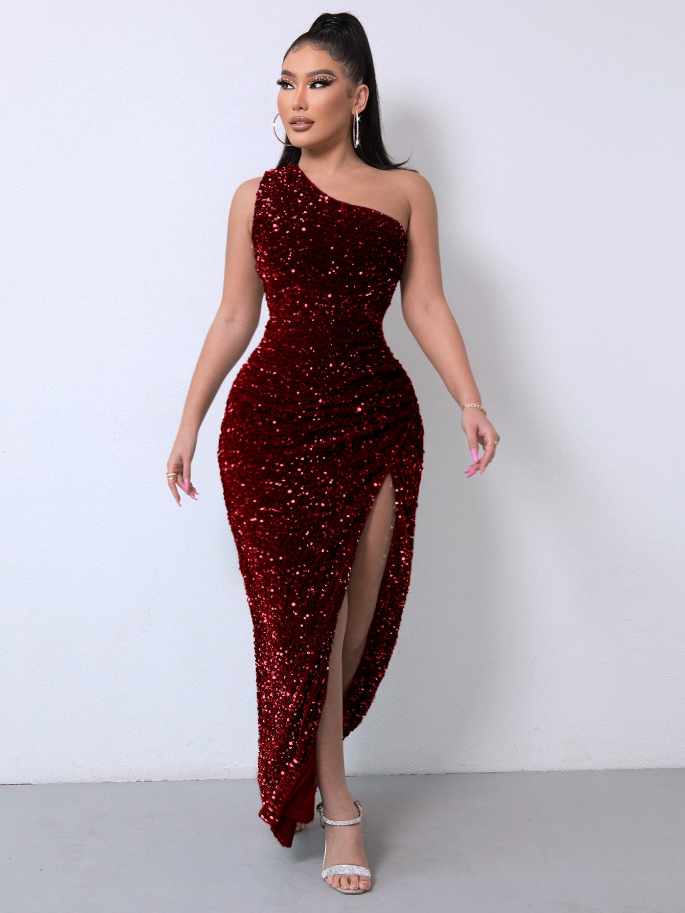 Claret Red One Shoulder Slash Sequins Dress