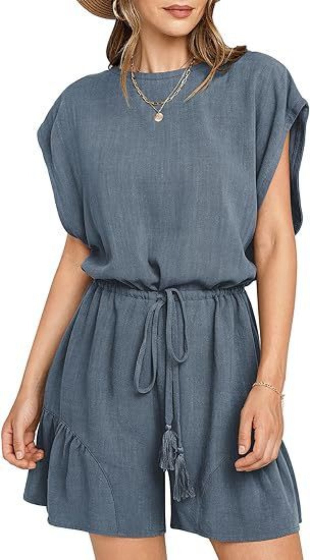 Front view of Women Cotton And Linen Loose Summer Jumpsuit