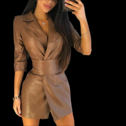 Solid Color PU Leather Suit Collar Dress with Wide Belt