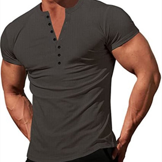 Solid Color Button V-neck Slim T-shirt