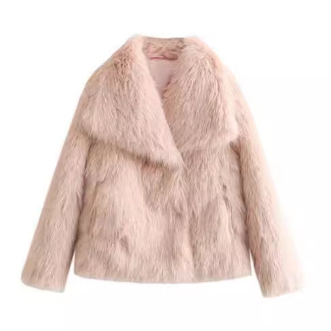 Pink Winter Faux Fur Plush Lapel Coat