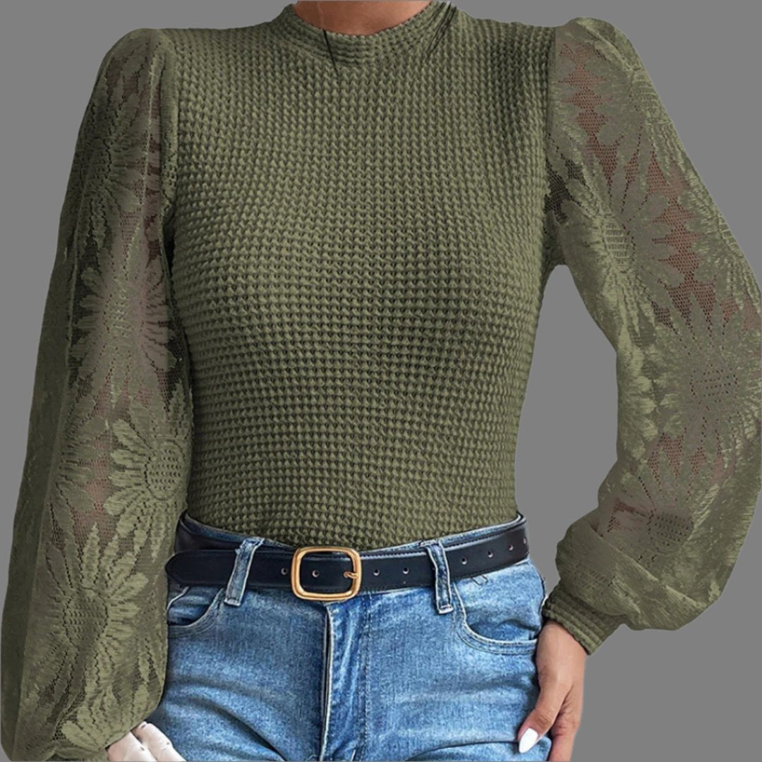 Khaki Ladies Graceful Knitted Lace Sleeved Top