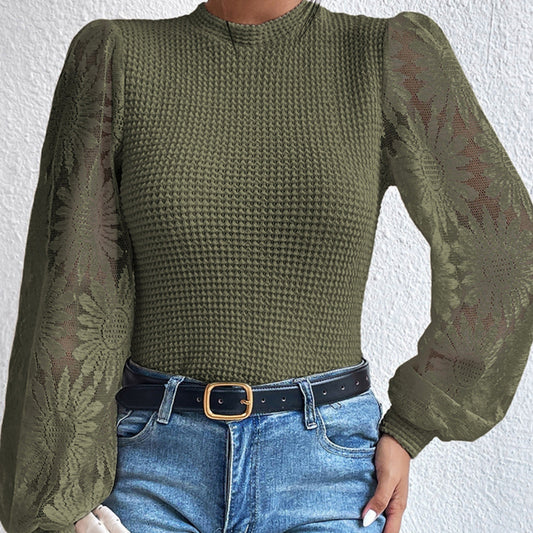 Khaki Ladies Graceful Knitted Lace Sleeved Top