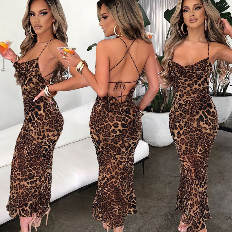 Leopard Print Sexy Backless Lace-up Dress