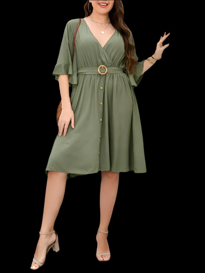 Chic Plus Size Ruffle Sleeve V-Neck Dress