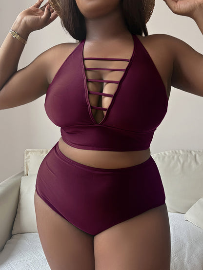 Solid Color Plus Size Hollow Cross Strap Bikini