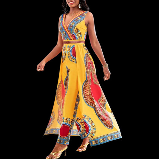 Yellow Moroccan Style Digital Print V-neck Jumpsuit