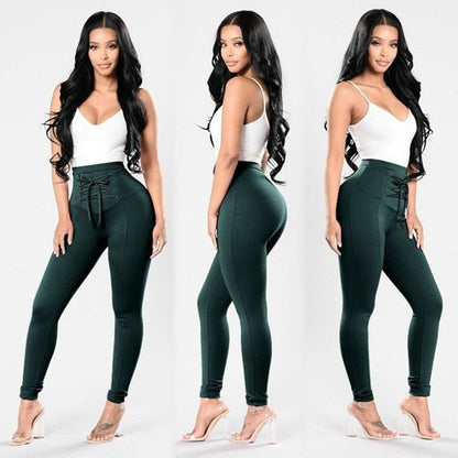 Green Plus Size Chic Cotton Lace-up Trousers