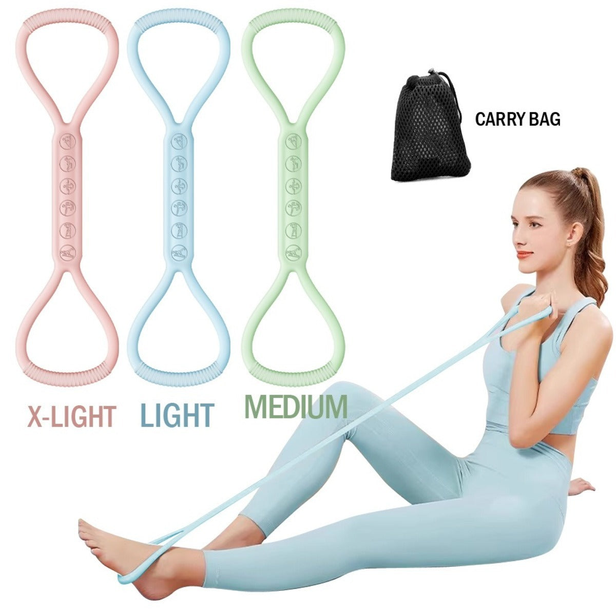 A Set Of 3, Light Medium, And Heavy. 8-character Loop Resistance Silicone Yoga Band.