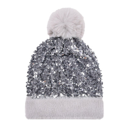 New Sequin Woolen Hat with Large Detachable Pom-pom