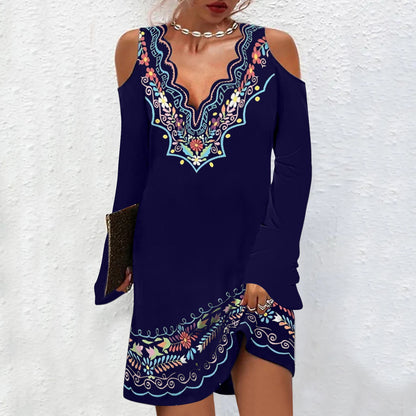 V-neck Off-shoulder Summer Flared Long Sleeve Dress