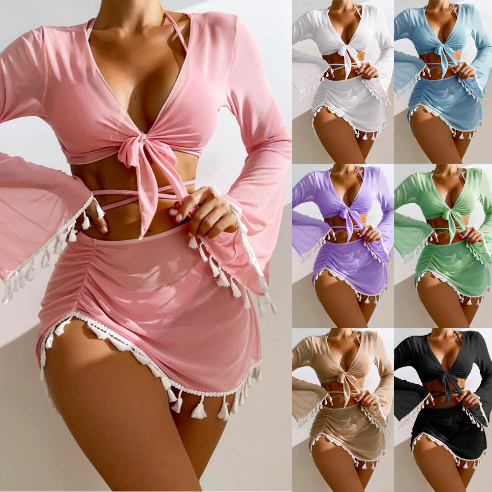 4pcs Summer Beach Bikini With Short Skirt And Long Sleeve Cover-up