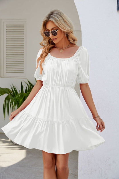 Ladies White Square Collar Puff Sleeve Casual Loose Dress