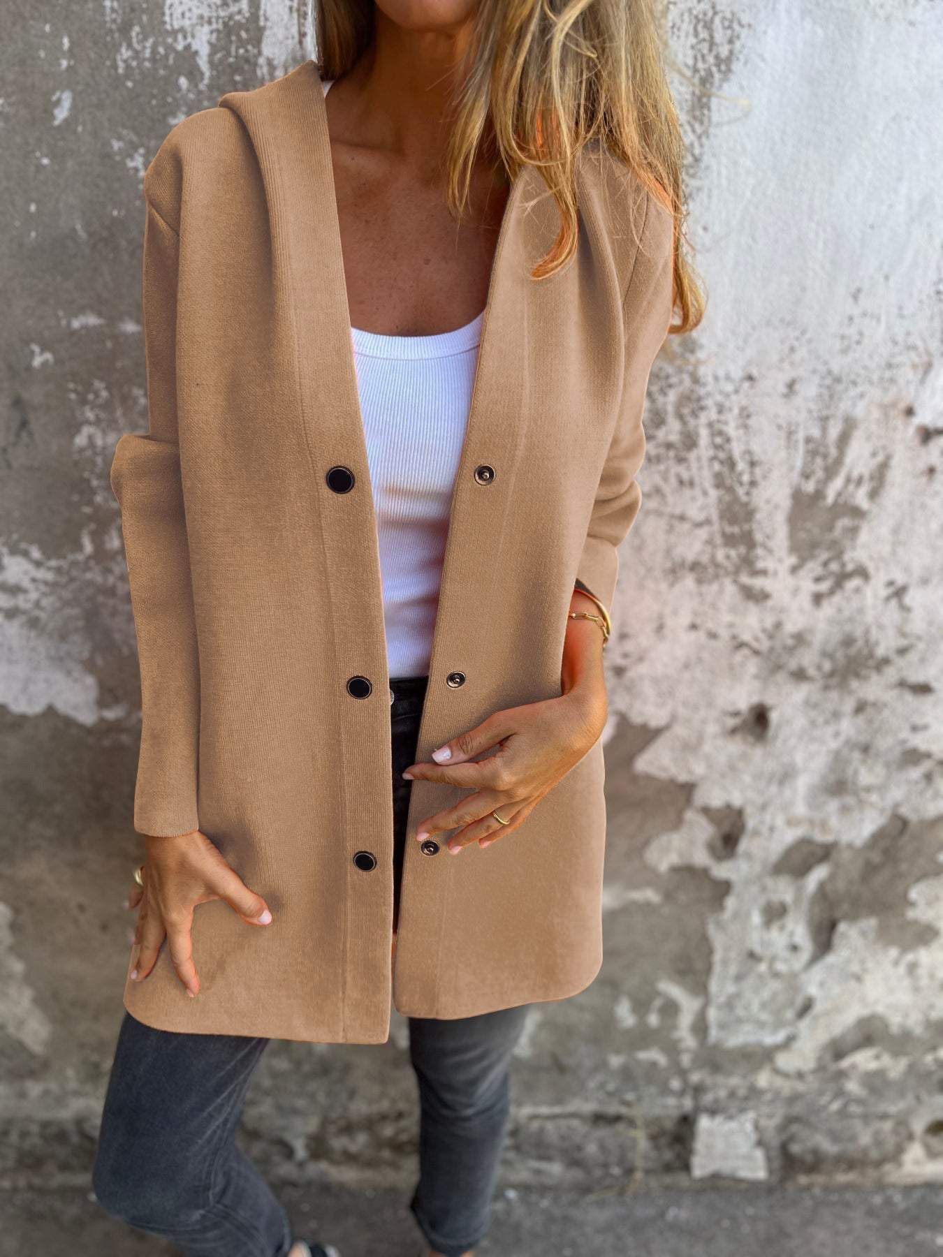 Brown Loose Casual Hooded Single-Breasted Spring & Autumn Cardigan