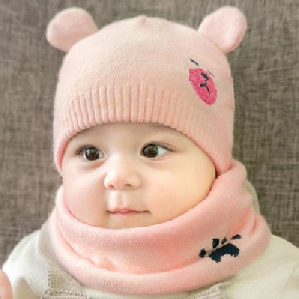 Baby Knitted Beanie Bear Cap & Neckerchief