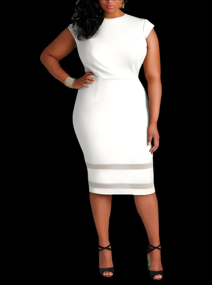 White Plus Size Bodycon Dress with Mesh Design