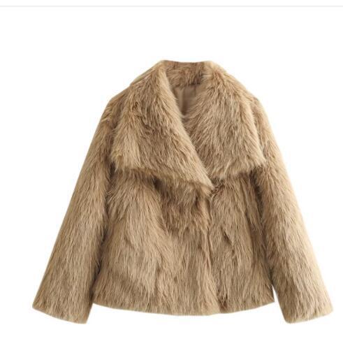 Camel Winter Faux Fur Plush Lapel Coat