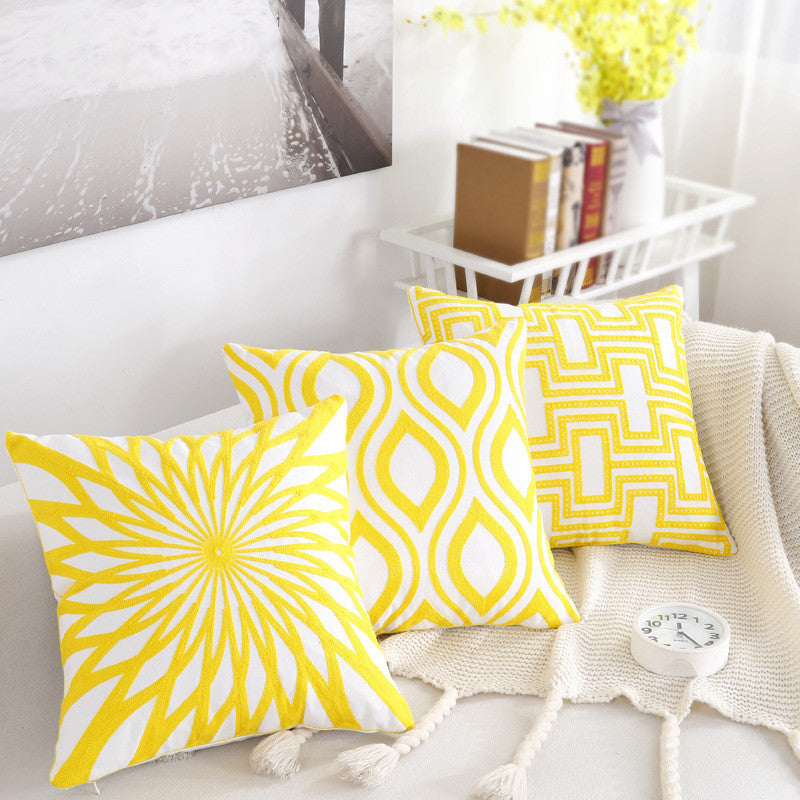 Bright Yellow Mixed Pattern Cotton Sofa Cushion and Pillowcase