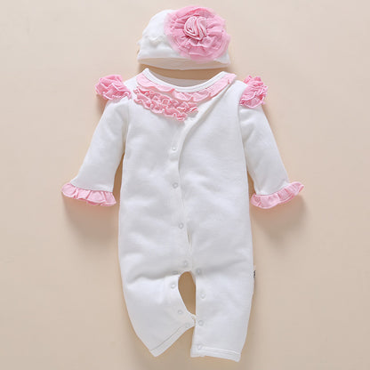 Cute Cotton Baby Girl Romper Suit & Hat with Flower detail