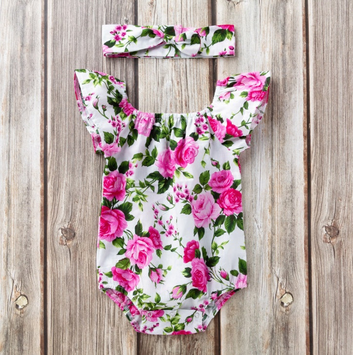 Flower Power Cute Baby Frilly Romper with matching Head Band