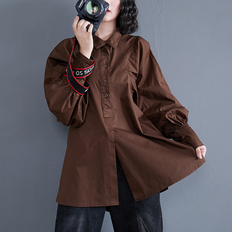 Brown Loose Korean Style Long-sleeved Shirt