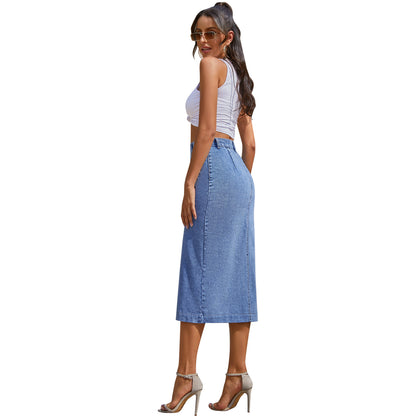 Women's Button Irregular Slit Denim High Waist Skirt