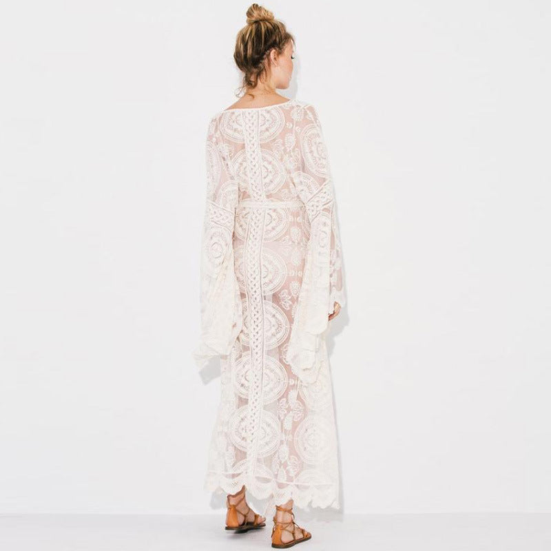 Bell Sleeve Long Beachwear Lace Shirt Dress