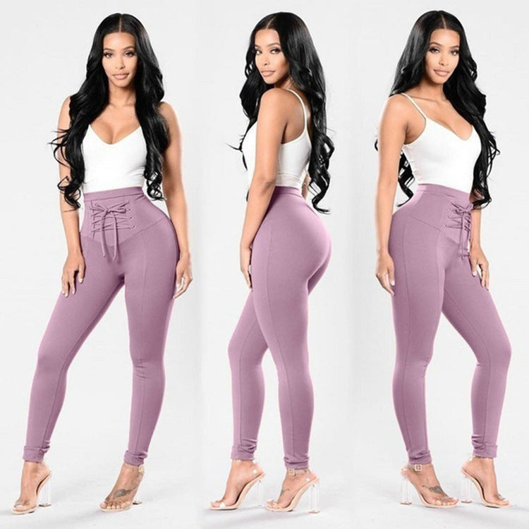 Purple Plus Size Chic Cotton Lace-up Trousers