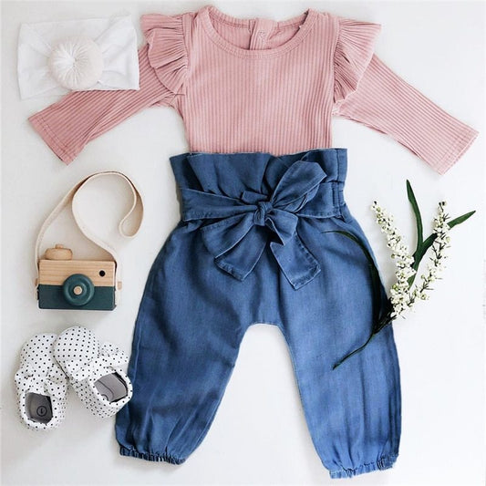 Cute Baby Pants Set with Bow Head Band