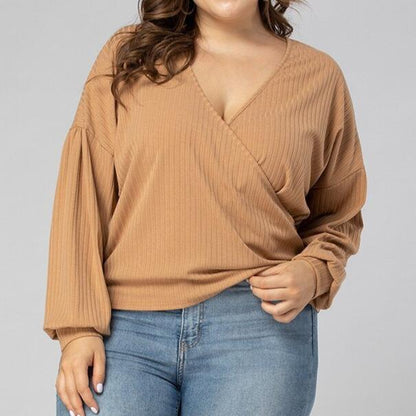 Plus Size Low V-Neck Wrap Style Top