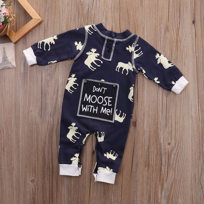 Cotton Long-sleeved Moose Print "Don't Moose With Me" Jumpsuit