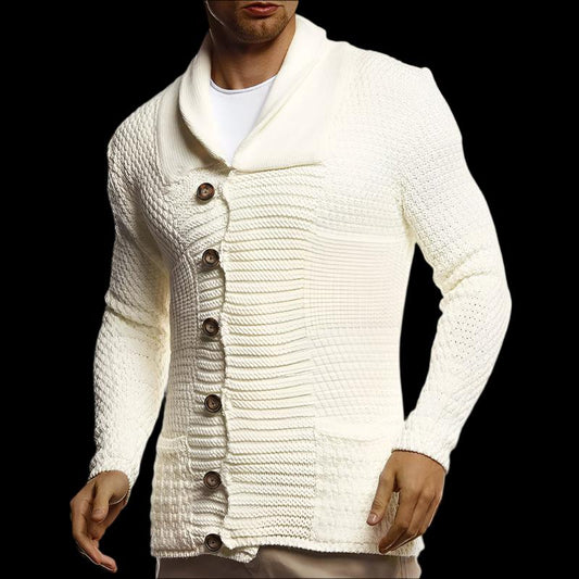 white Men's Solid Color Knitted Cardigan with Hedging Collar & Pockets