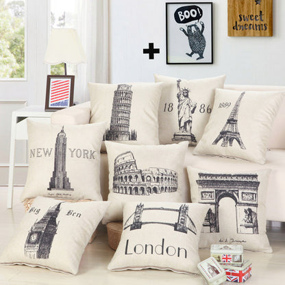 Printed Cotton Cushion Cover Of Great Buildings - London Paris New York