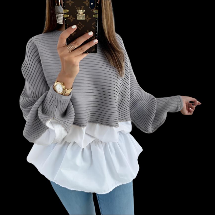 Grey Knit Stitching Loose Shirt Top