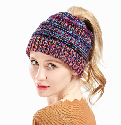 Stay Cozy in Style: Mixed Color Knitted Ponytail Hat Collection