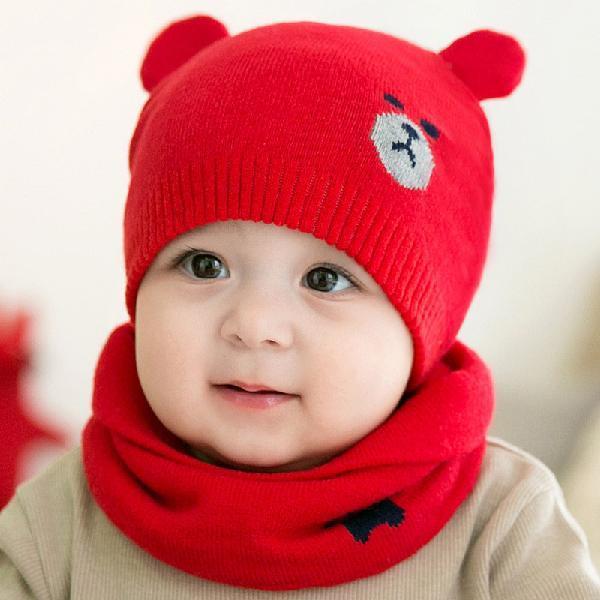 Baby Knitted Beanie Bear Cap & Neckerchief