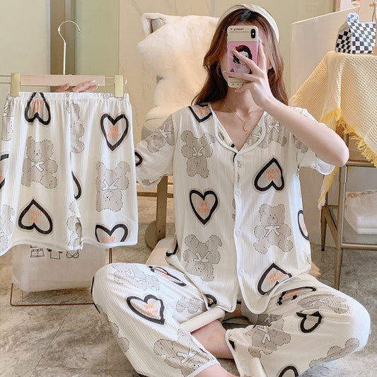 Women's Printed Cotton Three-piece Suit Pyjamas