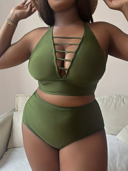 Solid Color Plus Size Hollow Cross Strap Bikini