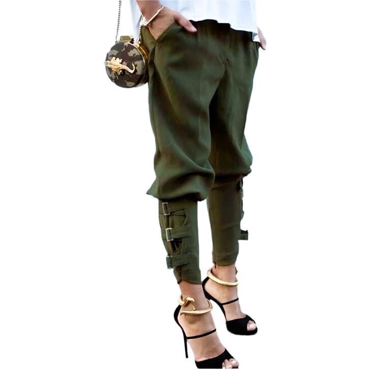 Women's Cotton Solid Color Casual Trousers with Straps to the legs