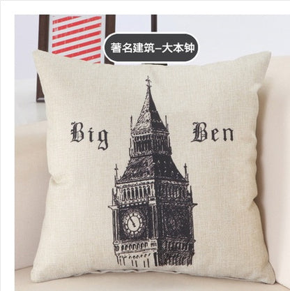 Printed Cotton Cushion Cover Of Great Buildings - London Paris New York