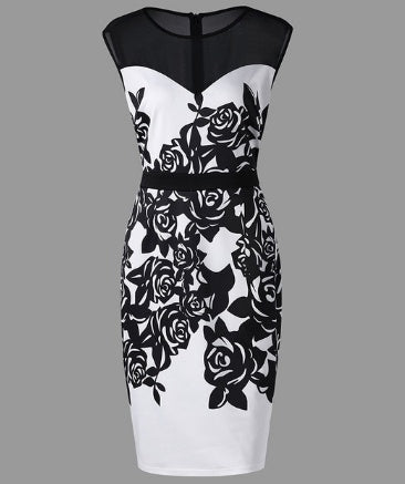 Black & White Flower Print Plus Size Bodycon Evening Pencil Dress