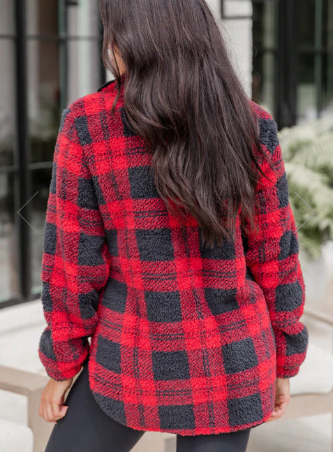 Plaid Plush Cozy Style Pullover Zip-Up Sweater