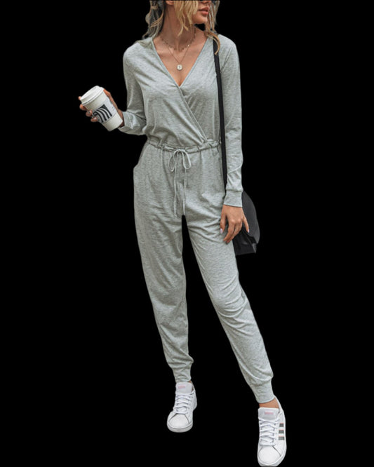 Grey V-Neck Wrap Style Women's Jumpsuit