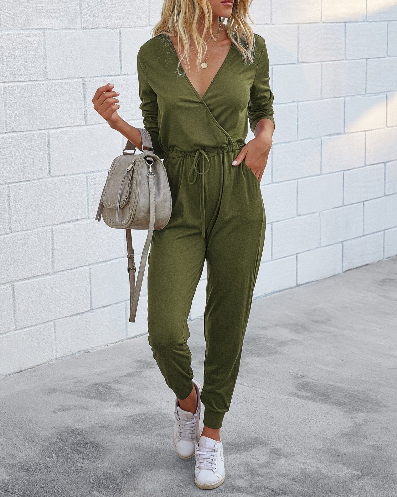 Green V-Neck Wrap Style Women's Jumpsuit