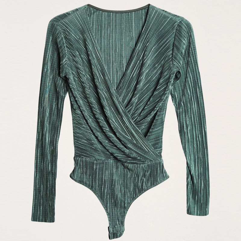 Solid Color  Long-sleeved V-neck Wrap Style Bodysuit