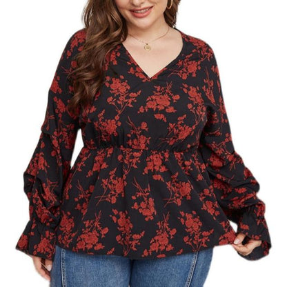 Stylish Plus Size Black Blouse with Red Flower Pattern