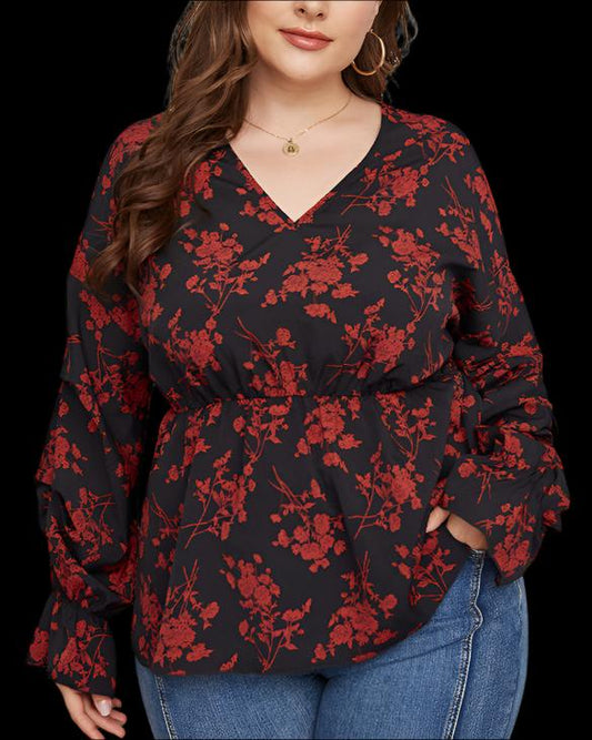 Stylish Plus Size Black Blouse with Red Flower Pattern