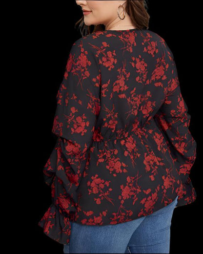 Stylish Plus Size Black Blouse with Red Flower Pattern