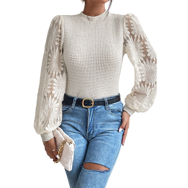 White Ladies Graceful Knitted Lace Sleeved Top