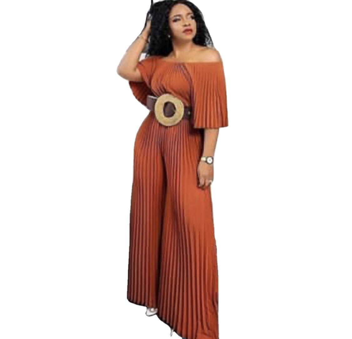 Radiant Elegance: Off-The-Shoulder Orange Pleated Jumpsuit